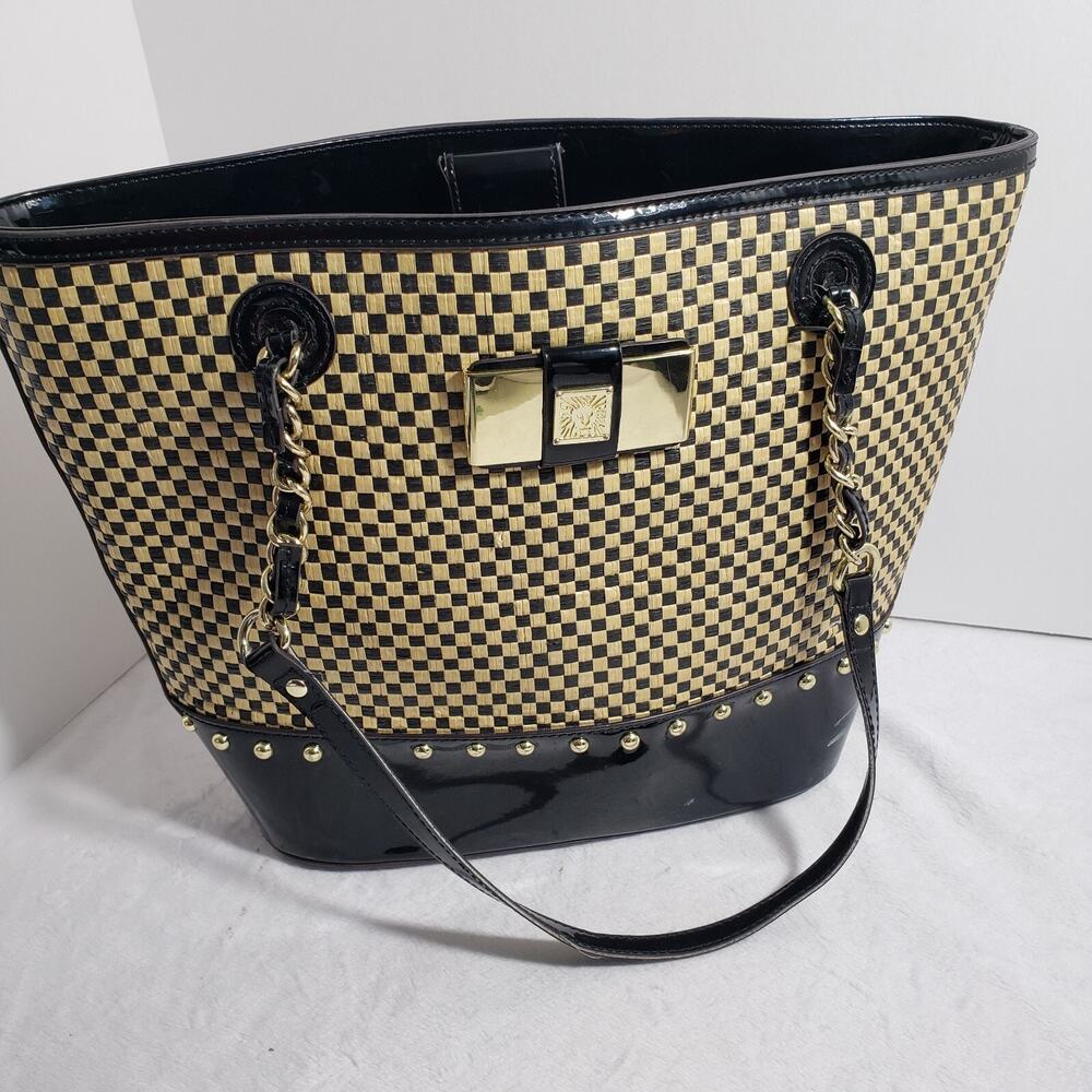 Anne Klein Black & Tan Woven Patent Leather Large Tote Double Handled Satchel